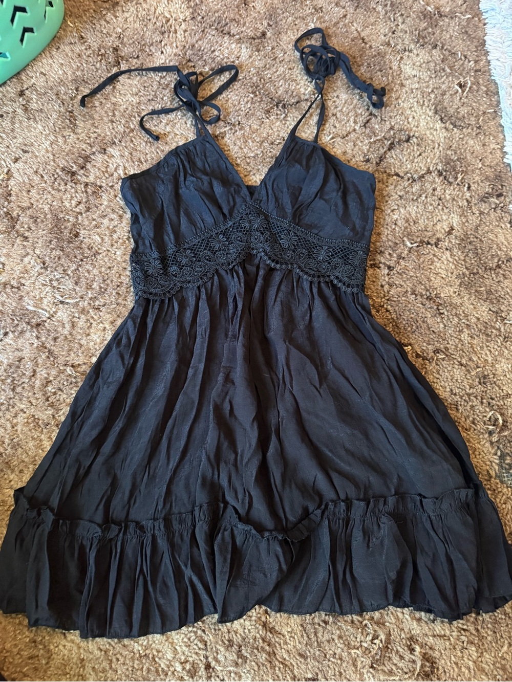 SHEIN Black Lace-Trim Tie-Shoulder Mini Dress